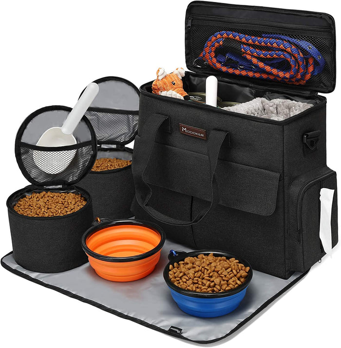 Weekend Dog Travel Bag Set with 2 Food Bags, 2 Bowls and Mat, Black | Dog Travel Accessories Organizer for Camping and Road Trips with Roomy Storage, Multiple Pockets and Water-Resistant Oxford